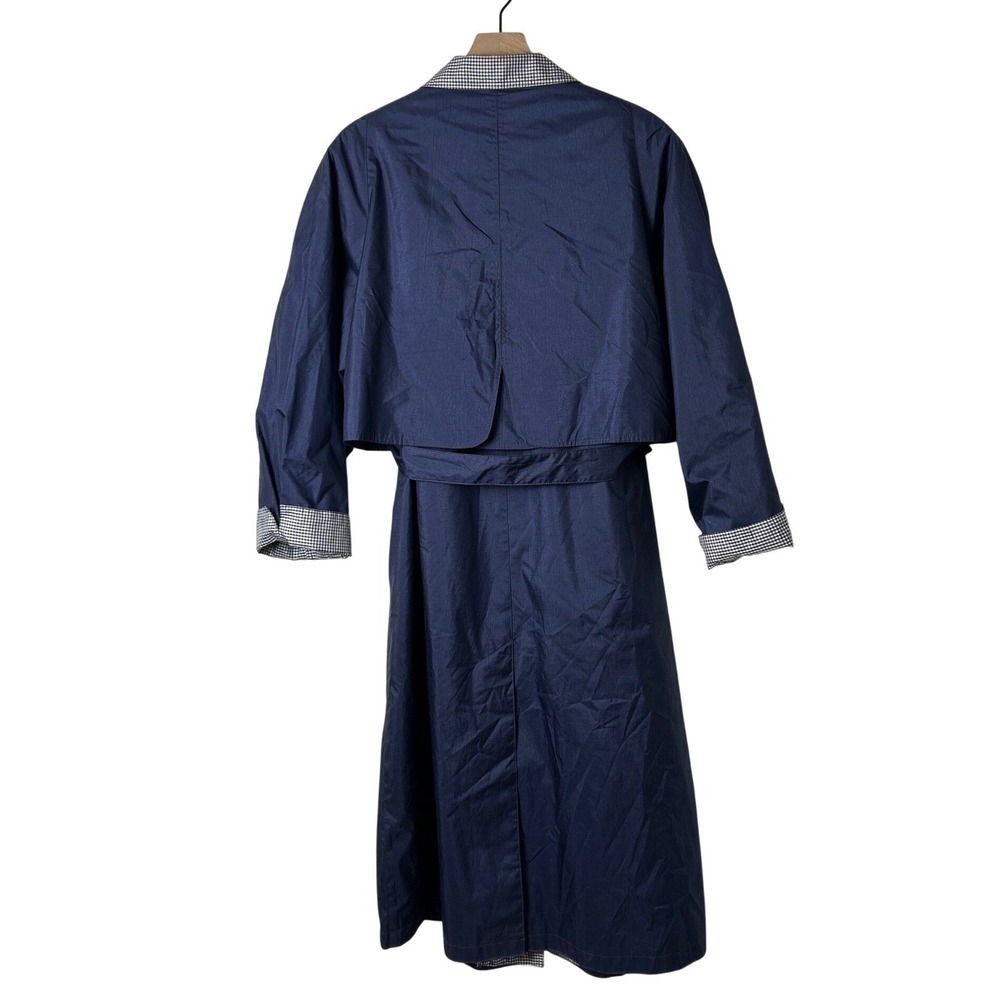 British Mist Womens Vintage Trench Coat Navy Blue Size 16 Gingham Trim Belted - Picture 3 of 10